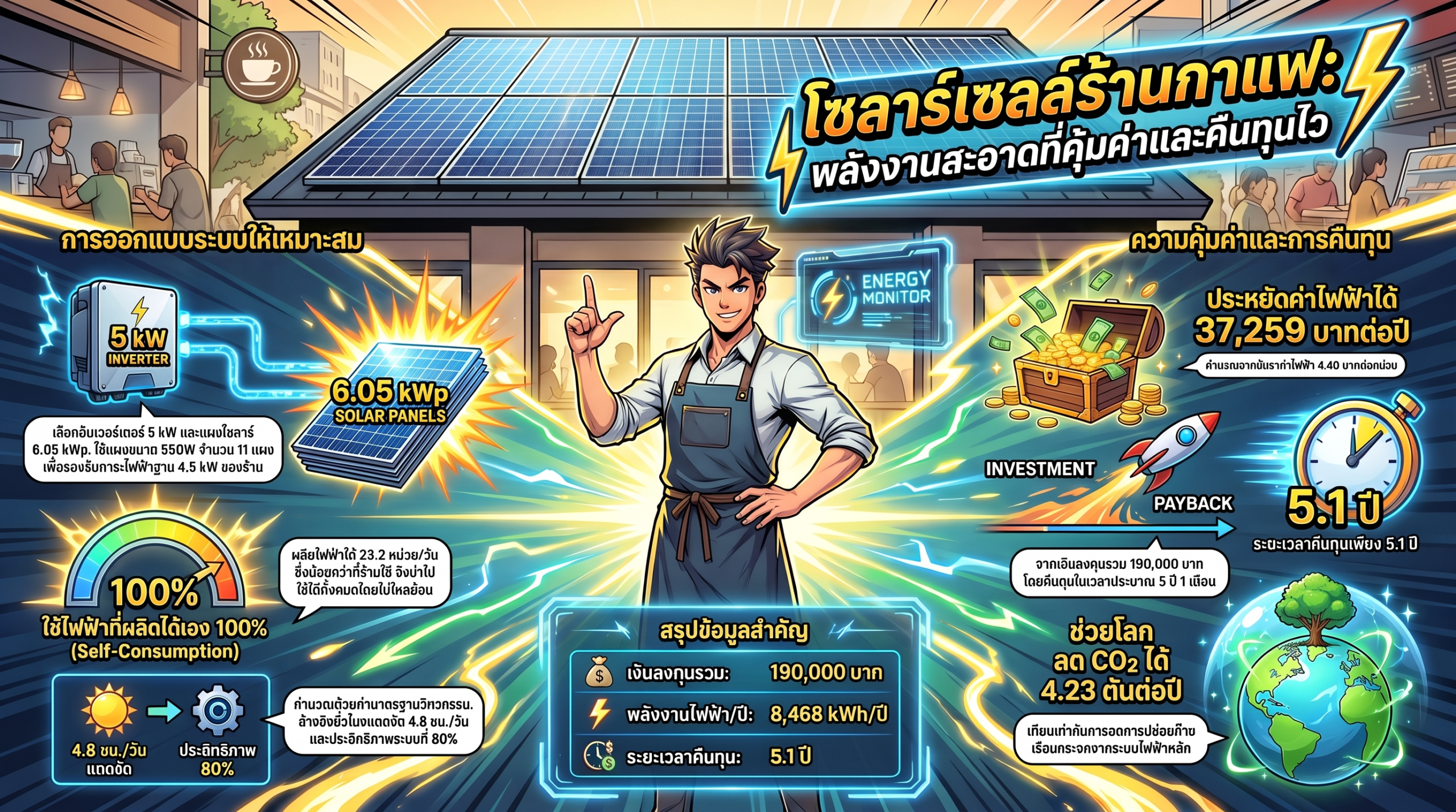 โซลาร์เซลล์ร้านกาแฟคุ้มค่าคืนทุนไว